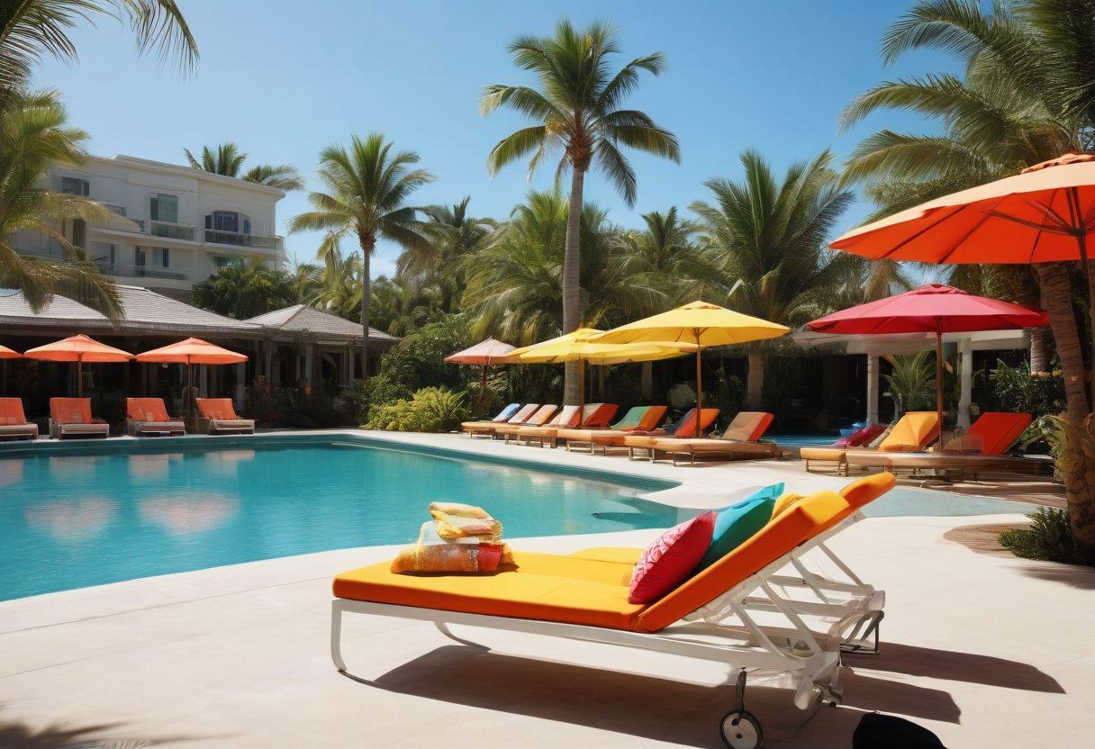 A sunny poolside scene featuring stylish beach umbrellas, lounge chairs adorned with colorful towels, and fashionable swimwear displayed in an inviting manner. In the background, palm trees sway gently in the breeze, with people enjoying various poolside activities. Soft reflections glisten off the water, and vibrant, summery colors enhance the overall atmosphere. super-realistic. vibrant colors. tropical theme.